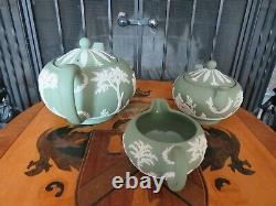 Wedgwood Green Jasperware Sacrifice Figures Tea Set Teapot, Sugar Bowl, Creamer