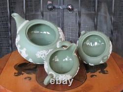 Wedgwood Green Jasperware Sacrifice Figures Tea Set Teapot, Sugar Bowl, Creamer