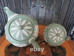 Wedgwood Green Jasperware Sacrifice Figures Tea Set Teapot, Sugar Bowl, Creamer