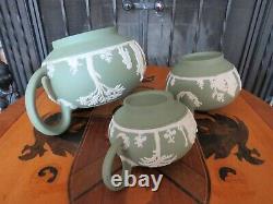 Wedgwood Green Jasperware Sacrifice Figures Tea Set Teapot, Sugar Bowl, Creamer