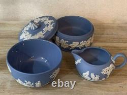 Wedgwood Jasper Blue Tea Set Teapot Teapot Teapot Creamer Bowl Trinket Box Used