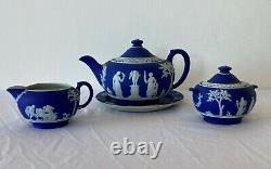Wedgwood Jasperware Cobalt Blue Tea Set England Teapot Creamer Sugar Bowl