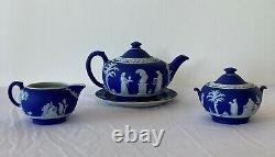 Wedgwood Jasperware Cobalt Blue Tea Set England Teapot Creamer Sugar Bowl