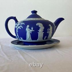 Wedgwood Jasperware Cobalt Blue Tea Set England Teapot Creamer Sugar Bowl