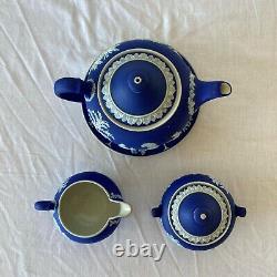 Wedgwood Jasperware Cobalt Blue Tea Set England Teapot Creamer Sugar Bowl