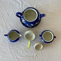 Wedgwood Jasperware Cobalt Blue Tea Set England Teapot Creamer Sugar Bowl