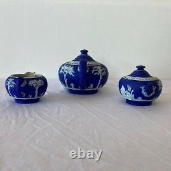 Wedgwood Jasperware Cobalt Blue Tea Set England Teapot Creamer Sugar Bowl