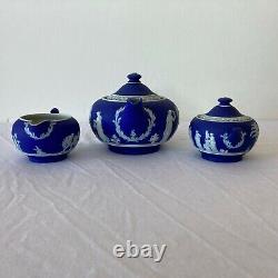 Wedgwood Jasperware Cobalt Blue Tea Set England Teapot Creamer Sugar Bowl