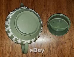 Wedgwood Jasperware Green Tea Set 22 Piece Teapot Cups Saucers Plates Beautiful