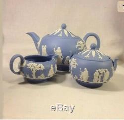 Wedgwood Jasperware, Tea Pot Set, Neoclassical Scene, Pale Blue withWhite Relief