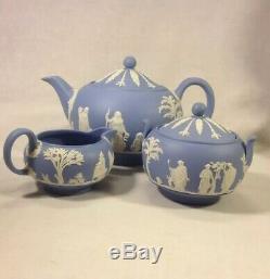 Wedgwood Jasperware, Tea Pot Set, Neoclassical Scene, Pale Blue withWhite Relief
