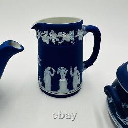 Wedgwood Jasperware Teapot Sugar Bowl Pitcher Dipped Cobalt Blue #43 Set