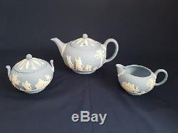 Wedgwood Light blue Jasperware teapot set with milk jug & lidded sugar bowl