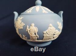 Wedgwood Light blue Jasperware teapot set with milk jug & lidded sugar bowl
