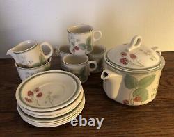 Wedgwood Raspberry Cane Tea Set Teapot Sugar Bowl Creamer Dessert Plates Teacups