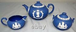 Wedgwood Royal Blue Jasper Elizabeth II Coronation Tea Set Teapot Creamer Sugar