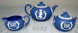 Wedgwood Royal Blue Jasper Elizabeth II Coronation Tea Set Teapot Creamer Sugar