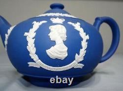 Wedgwood Royal Blue Jasper Elizabeth II Coronation Tea Set Teapot Creamer Sugar