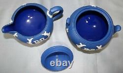 Wedgwood Royal Blue Jasper Elizabeth II Coronation Tea Set Teapot Creamer Sugar