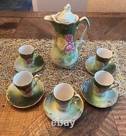 Wheelock Germany Chocolate Pot Set La France Rose Hand Painted 12 Piece Set