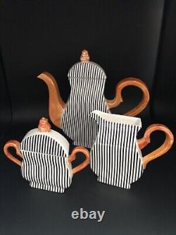 Whimsical Tea Pot Cream Sugar Black white Orange Luster Mad Hatter Limited Set