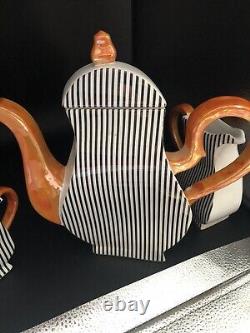 Whimsical Tea Pot Cream Sugar Black white Orange Luster Mad Hatter Limited Set