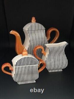 Whimsical Tea Pot Cream Sugar Black white Orange Luster Mad Hatter Limited Set