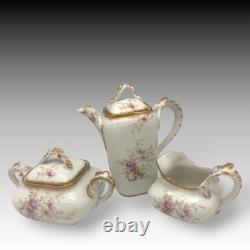 Wm Guerin Limoges France Teapot Creamer Sugar Set Hand Painted Roses & Gold