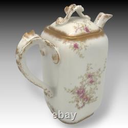 Wm Guerin Limoges France Teapot Creamer Sugar Set Hand Painted Roses & Gold