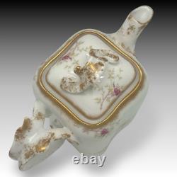Wm Guerin Limoges France Teapot Creamer Sugar Set Hand Painted Roses & Gold