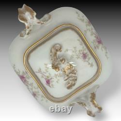 Wm Guerin Limoges France Teapot Creamer Sugar Set Hand Painted Roses & Gold