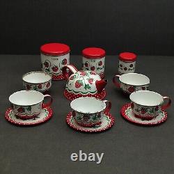 Wolverine Strawberries Tin Toy Childs Tea Pot Canisters Plates Cups 15 Piece Set