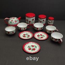Wolverine Strawberries Tin Toy Childs Tea Pot Canisters Plates Cups 15 Piece Set