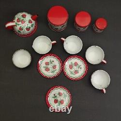 Wolverine Strawberries Tin Toy Childs Tea Pot Canisters Plates Cups 15 Piece Set