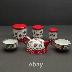 Wolverine Strawberries Tin Toy Childs Tea Pot Canisters Plates Cups 15 Piece Set