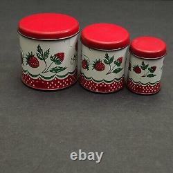 Wolverine Strawberries Tin Toy Childs Tea Pot Canisters Plates Cups 15 Piece Set