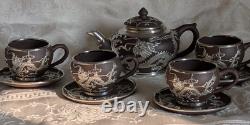 Yixing Clay Teapot Set with 4 Cups & Saucers Paktong Dragons Vintage Rare Zisha