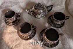 Yixing Clay Teapot Set with 4 Cups & Saucers Paktong Dragons Vintage Rare Zisha