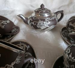 Yixing Clay Teapot Set with 4 Cups & Saucers Paktong Dragons Vintage Rare Zisha