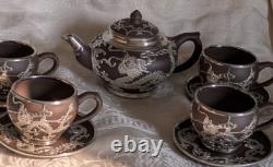 Yixing Clay Teapot Set with 4 Cups & Saucers Paktong Dragons Vintage Rare Zisha