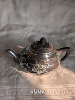 Yixing Clay Teapot Set with 4 Cups & Saucers Paktong Dragons Vintage Rare Zisha