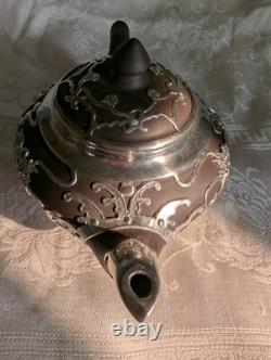 Yixing Clay Teapot Set with 4 Cups & Saucers Paktong Dragons Vintage Rare Zisha