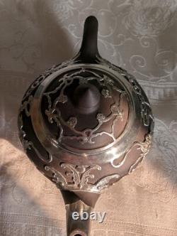 Yixing Clay Teapot Set with 4 Cups & Saucers Paktong Dragons Vintage Rare Zisha