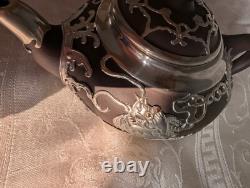 Yixing Clay Teapot Set with 4 Cups & Saucers Paktong Dragons Vintage Rare Zisha