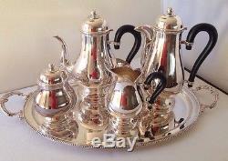 Zanetto Silver Plate 5 Pc Set Coffee Tea Sugar Creamer Oval Tray w Black Handles